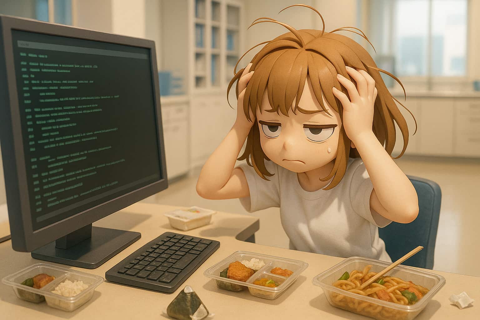 クリニックでdcm4chee構築中にエラーが出て悩む女性スタッフとターミナル画面（PACS・Linux環境）
