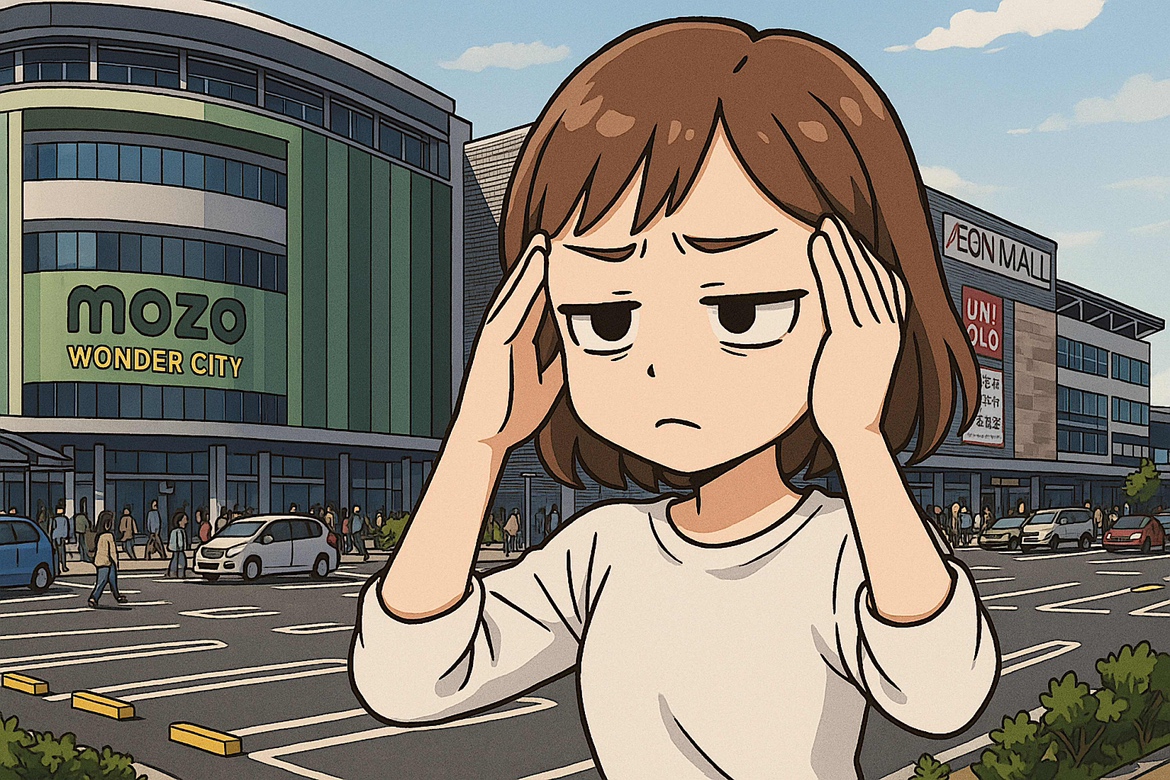 朝から頭痛あり、外出先で頭痛により顔をしかめる女性。「いつもと違う痛み」で不安を感じつつも名古屋市西区のショッピングモールでショッピングを続行する様子。