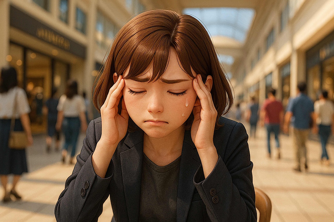 昼過ぎ、朝からの頭痛がさらに悪化し、こめかみを押さえ苦痛に耐える女性。我慢できない「いつもと違う激しい痛み」。くも膜下出血など危険な病気のサインの可能性もあり、早期の受診が必要な状態。名古屋市西区から数分でアクセスできる勝川脳神経クリニックへMRI検査が必要。