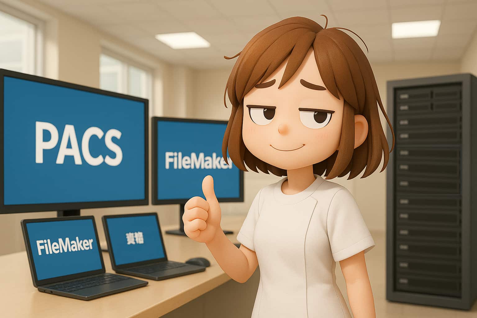 PACSとFileMakerの設定が無事完了し、少し疲れながらも満足げなクリニック職員