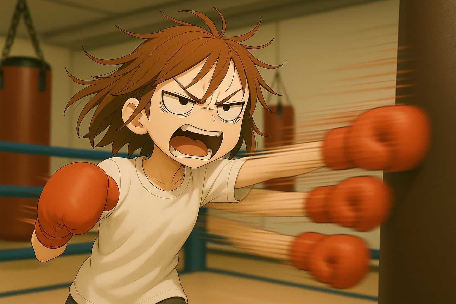PACS構築に全力で取り組む様子（猛烈な勢いでパンチする少女）