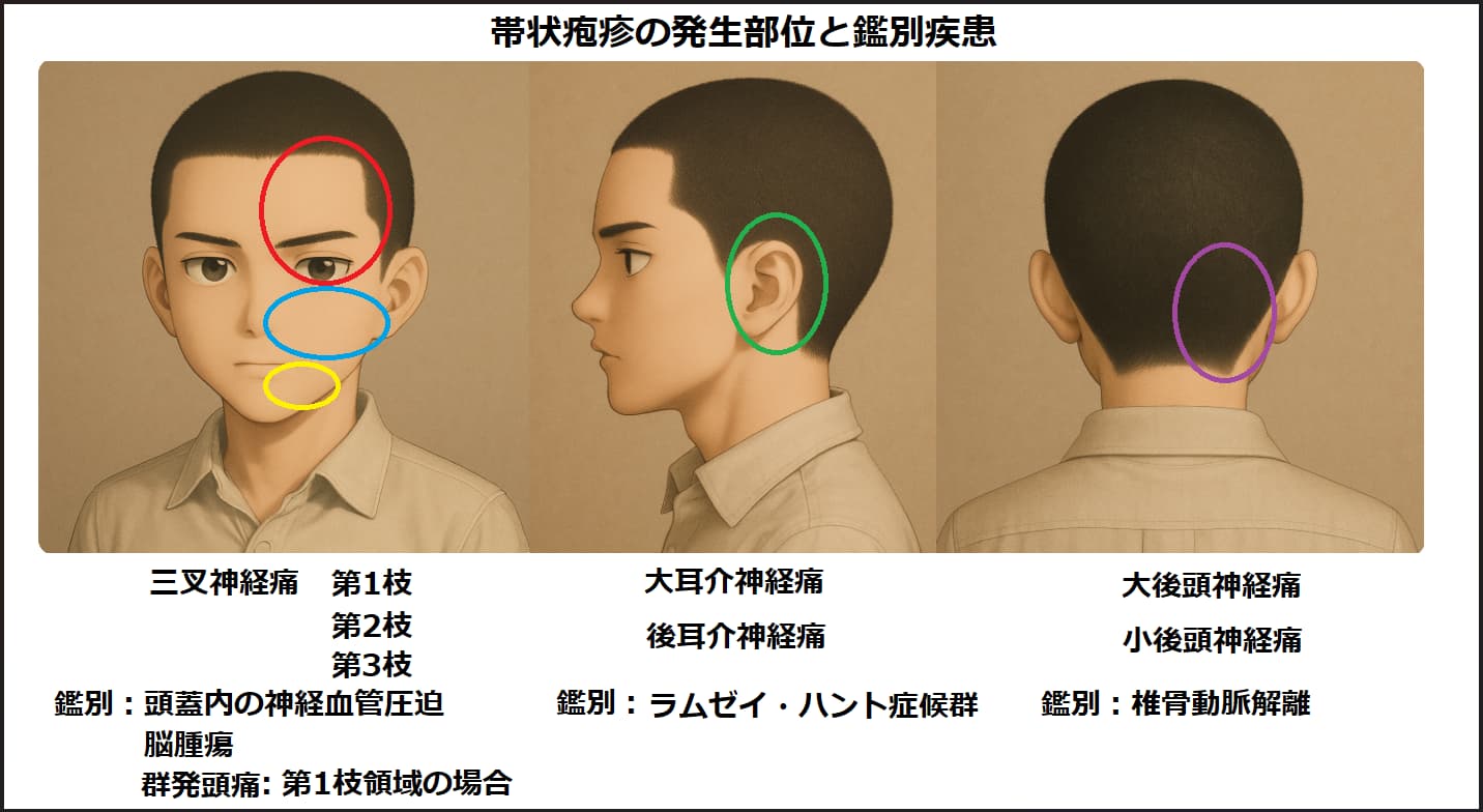 顔・耳・後頭部の帯状疱疹の発生部位と神経支配領域を示した解剖図。三叉神経痛・大耳介神経・大後頭神経の鑑別にも有用