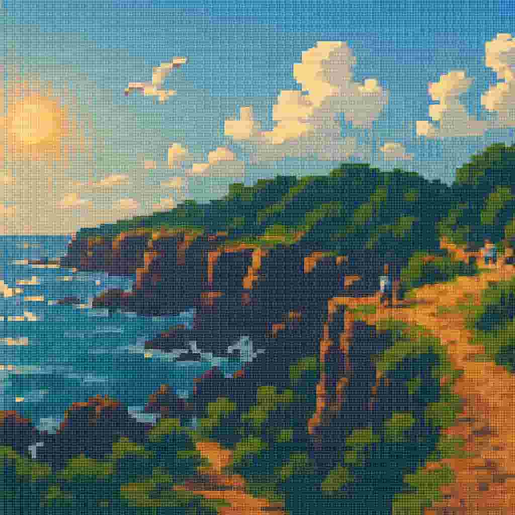 上眼窩裂症候群の語感にちなんで選ばれた城ケ崎海岸のドット絵。神経の走行と断崖を重ねて視覚的に表現。