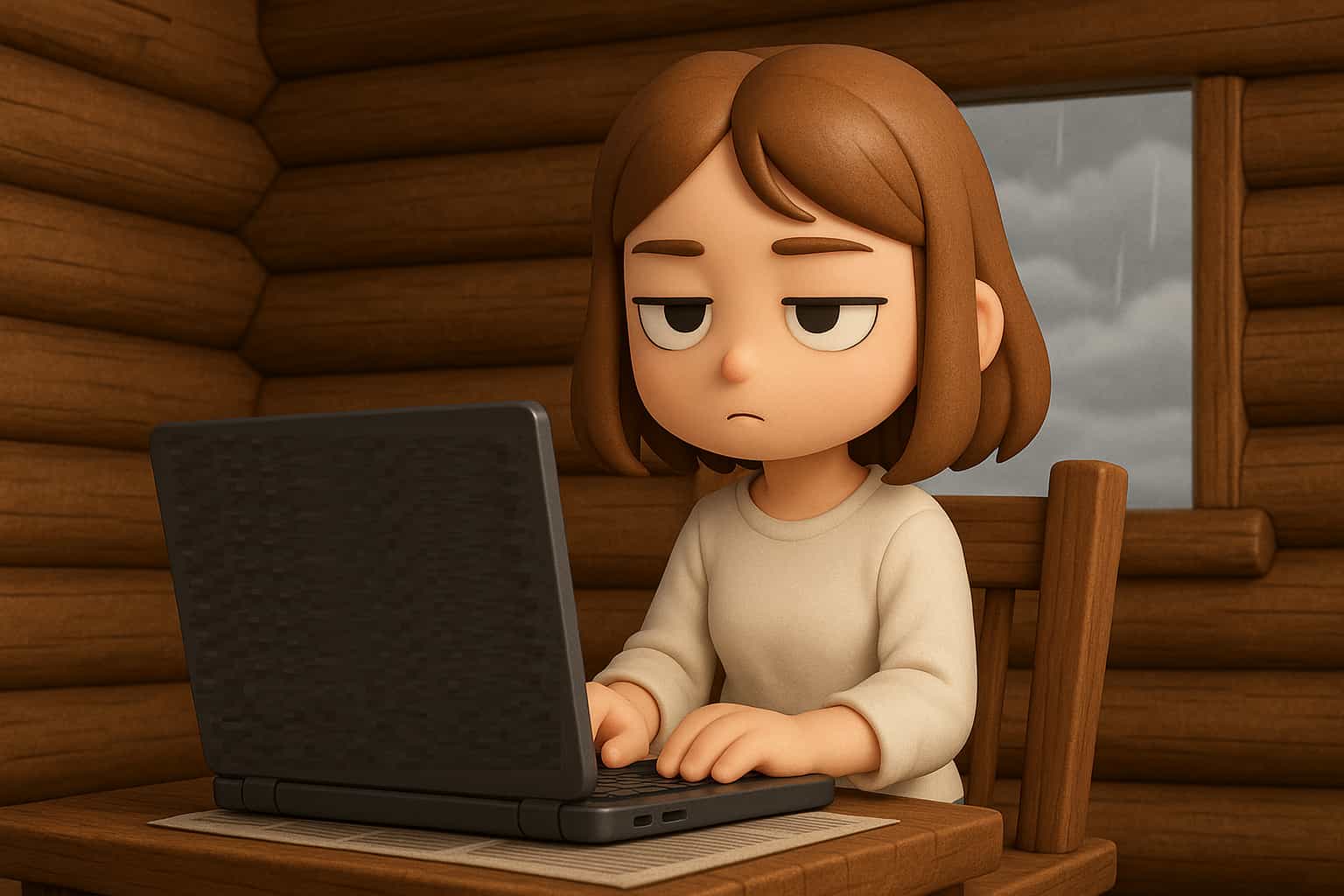 ログハウスの中で無表情に資格確認画面と向き合う女性キャラクター。環境は改善されたがまだログインは完了していない。復旧手前の緊張感を示す。