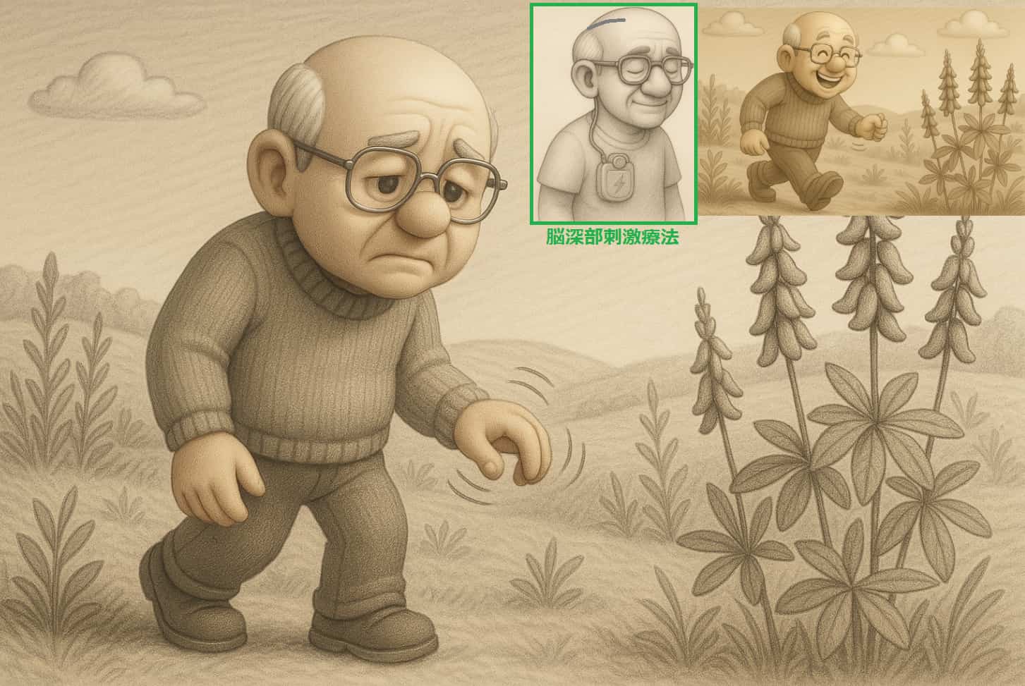 パーキンソン病の男性が小刻み歩行と振戦を伴い、草原を歩く様子を鉛筆風3Dで描いた画像。右上には3つの変化を示すコマ（コマ漫画風）あり。中央右上：脳深部刺激療法（DBS）装置が頭部と胸部に装着された男性が穏やかな表情を見せる。右上：治療後、笑顔で元気に歩く姿。右下：ムクナ植物が咲く草原。