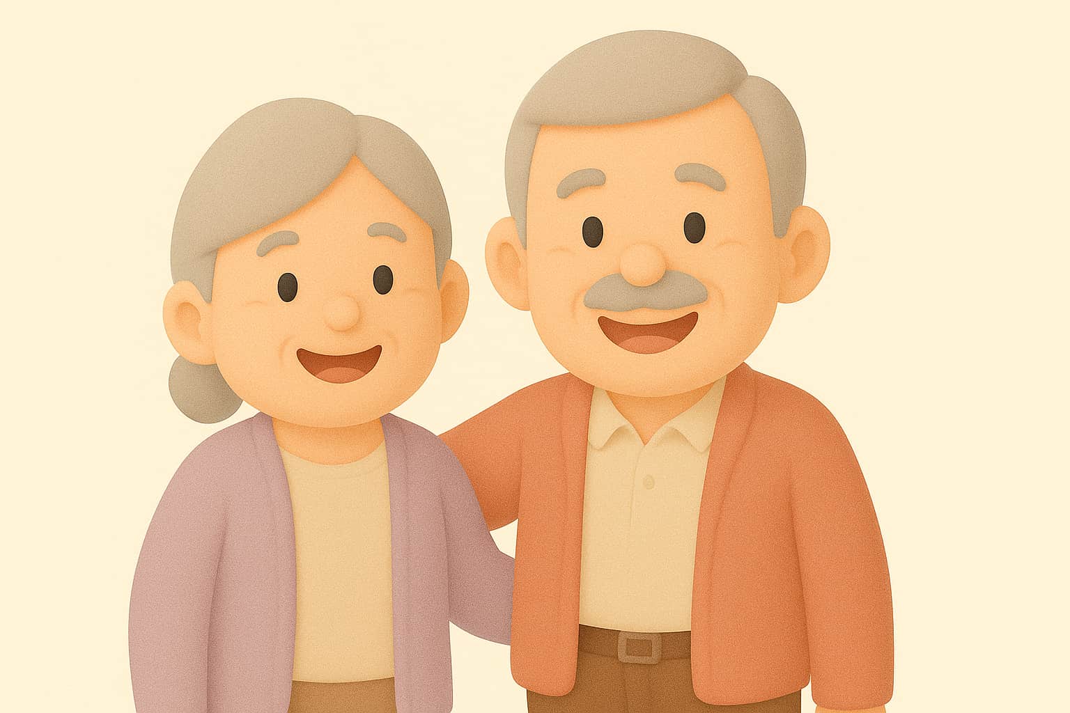 正常圧水頭症の手術後、笑顔で元気を取り戻した高齢夫婦のイラスト。寄り添いながら明るい表情を見せている。