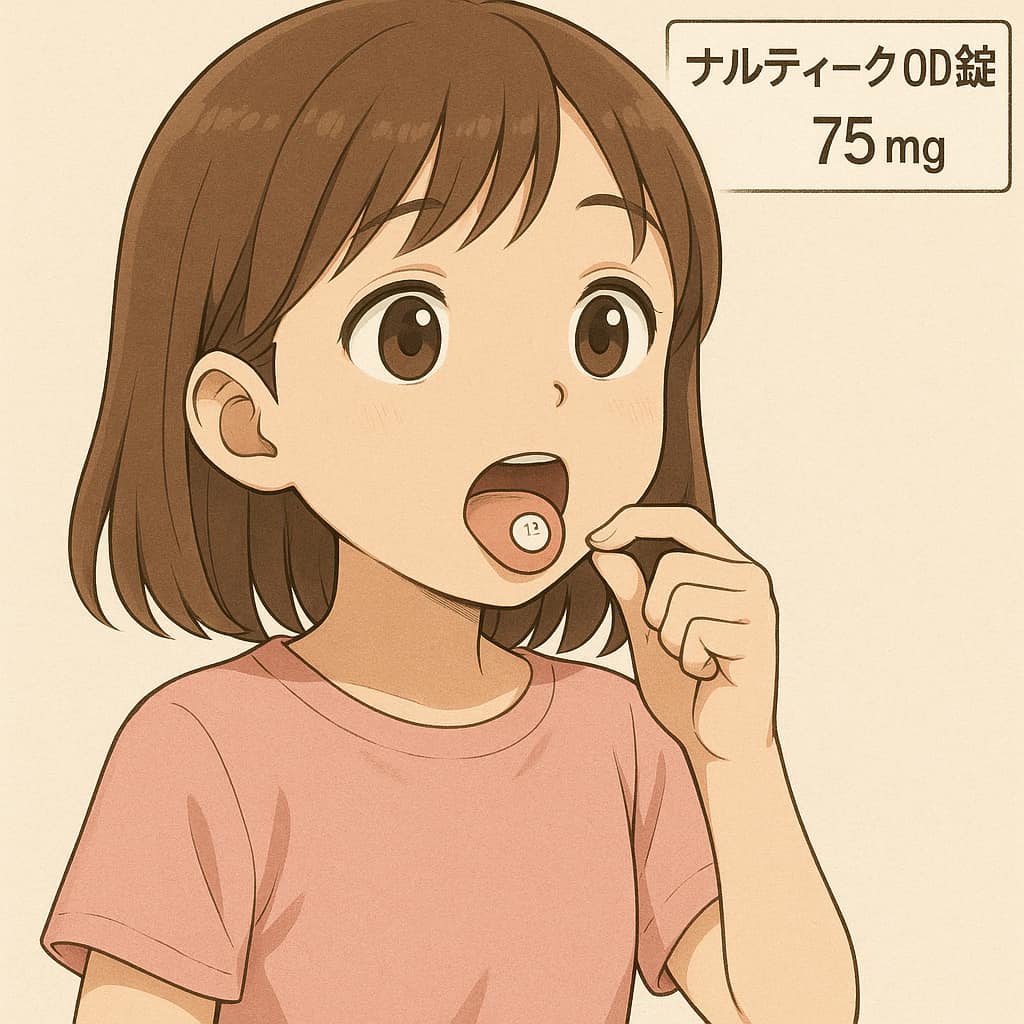 茶色い髪の女の子が口を開けて舌の上に白い錠剤（ナルティーク OD 錠 75mg）を乗せている。水を持たずに内服している様子を表現したイラスト