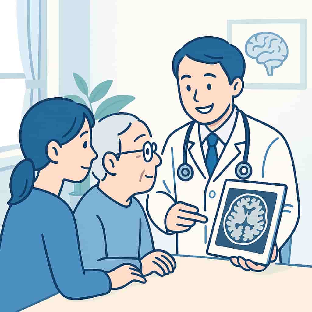 脳神経外科医が診察室で高齢の患者と家族にMRI検査の結果を優しく説明しているイラスト。白衣の医師が穏やかに微笑みながら、信頼感のある雰囲気で医療相談を行う様子を青と白の清潔な配色で描写。